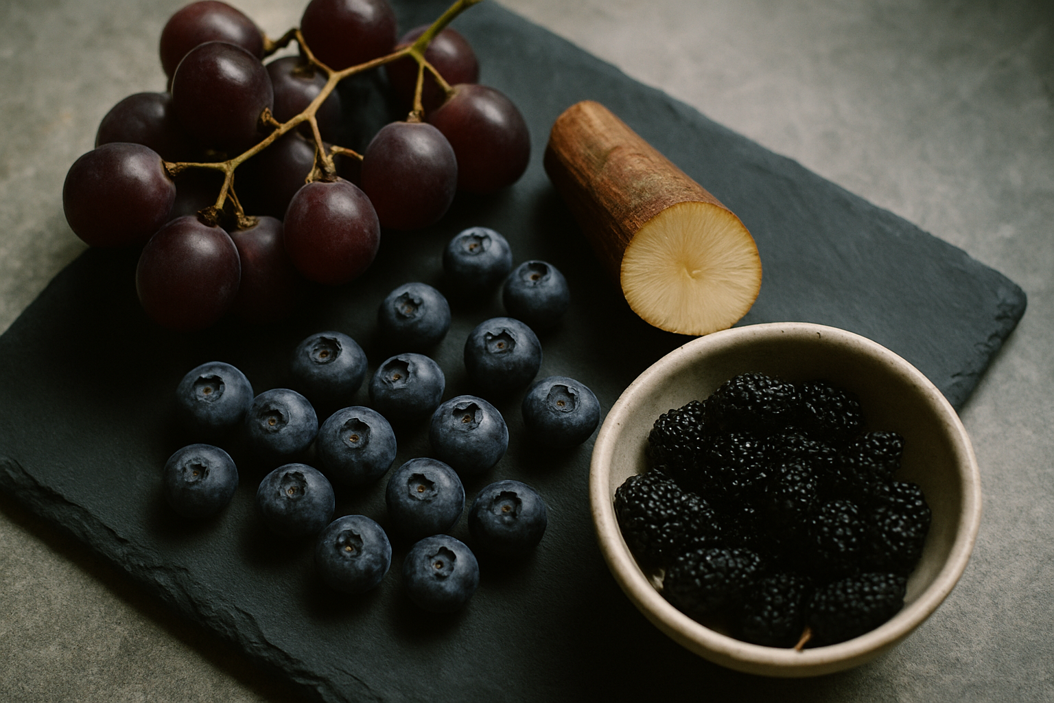 Diverse voedingsbronnen waar resveratrol in zit, waaronder druiven, bosbessen en moerbeien