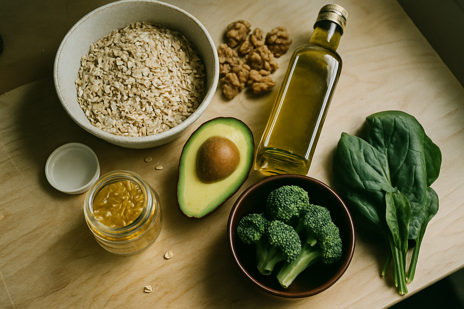 Gezonde voeding zoals haver, walnoten, olijfolie en groenten die bijdragen aan verlaging van cholesterol