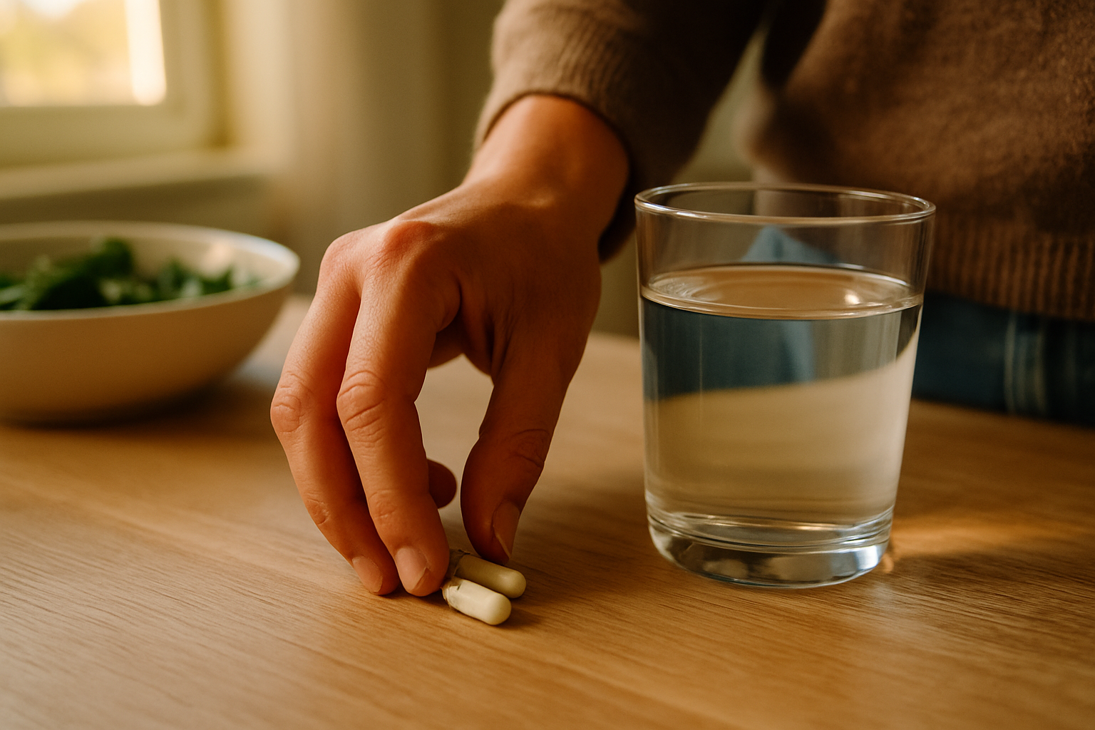 Hand met capsules naast glas water op keukentafel als onderdeel van dagelijkse NMN en Resveratrol routine