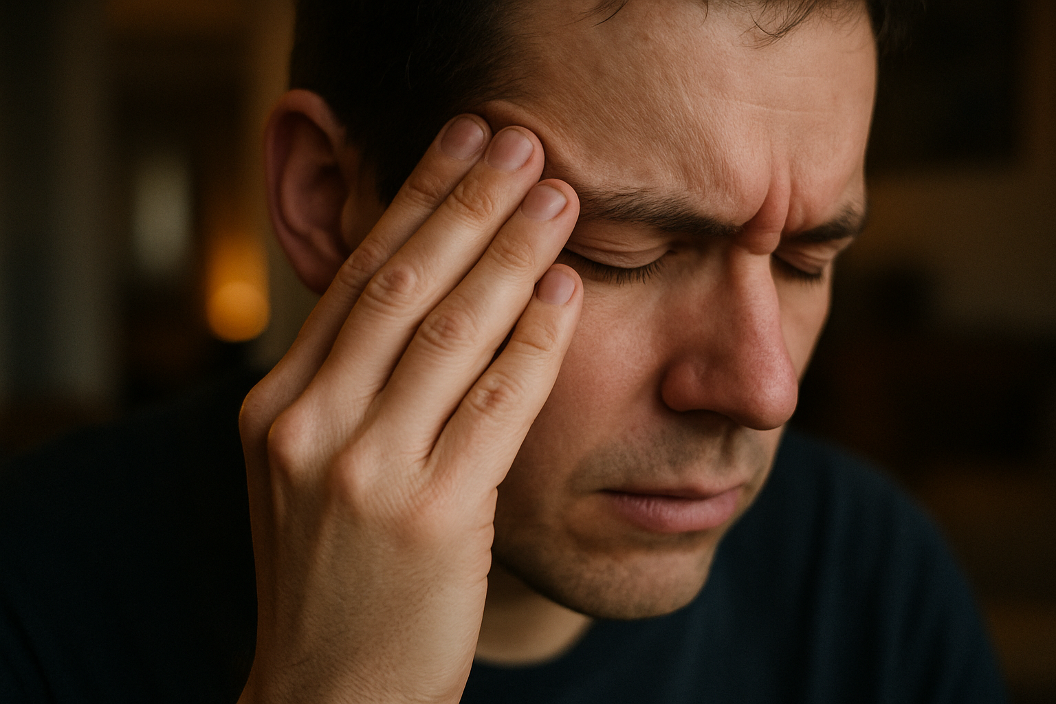 Hand tegen slaap gedrukt als beeld van hoofdpijn en lichamelijke klachten door stress