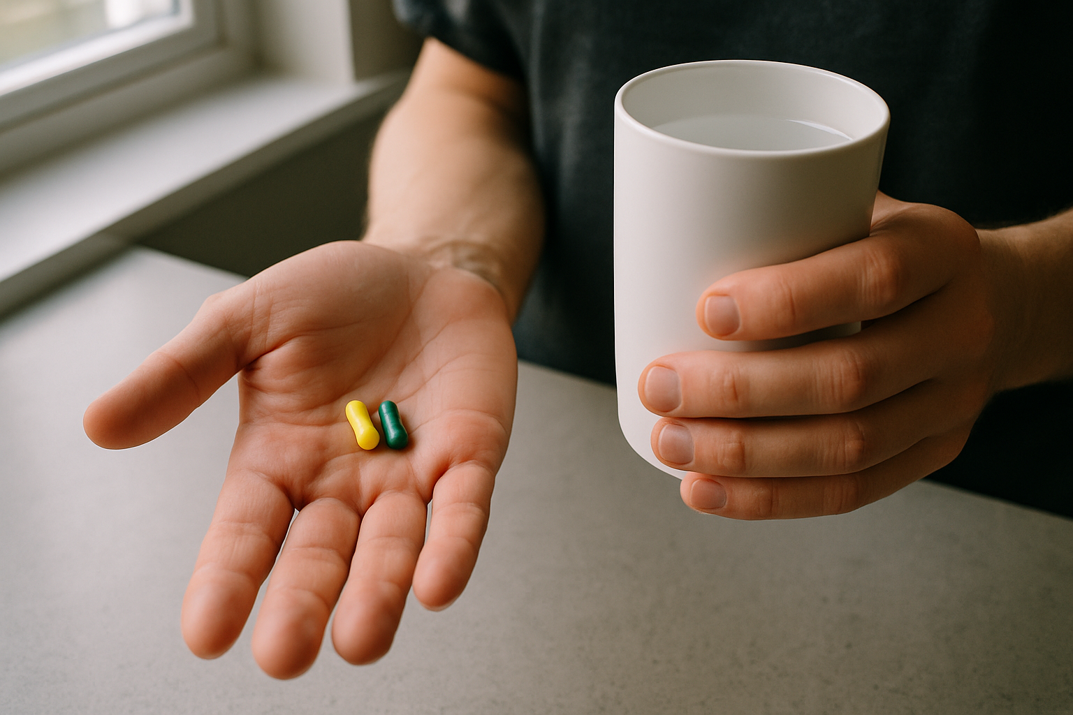 Handen houden NMN-capsules en een glas water vast – mogelijke bijwerkingen in beeld
