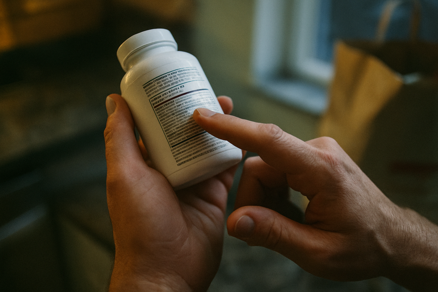 Handen lezen de ingrediëntenlijst op een NMN supplement — waar op te letten bij aankoop