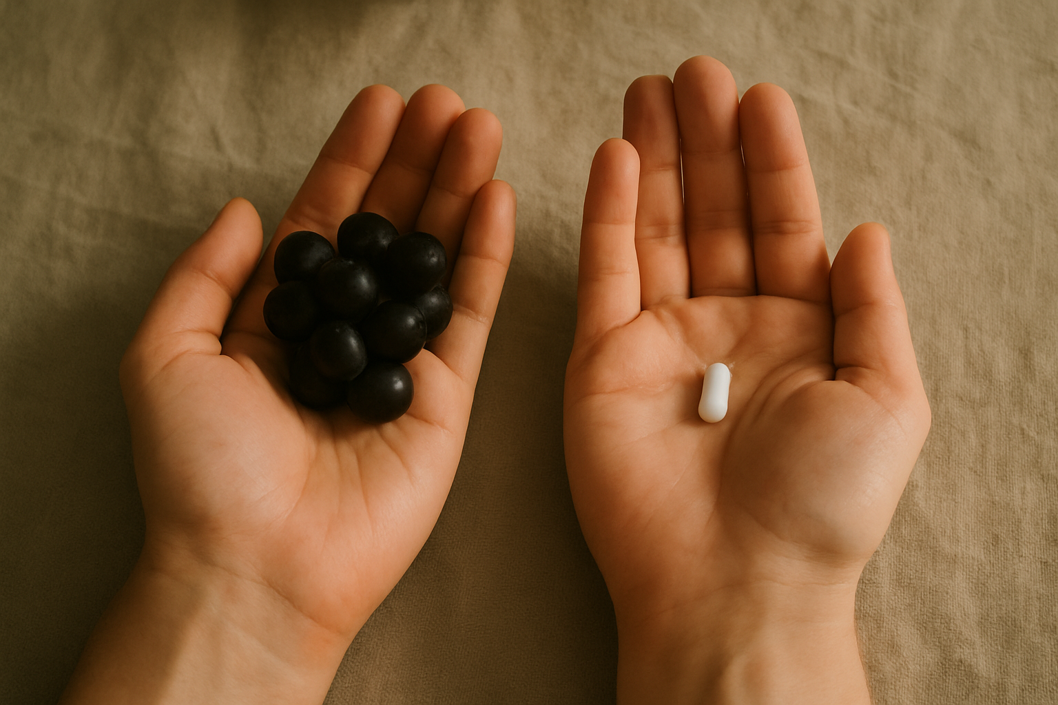 Handen met druiven en een supplement capsule naast elkaar, contrast tussen voeding en resveratrol supplement