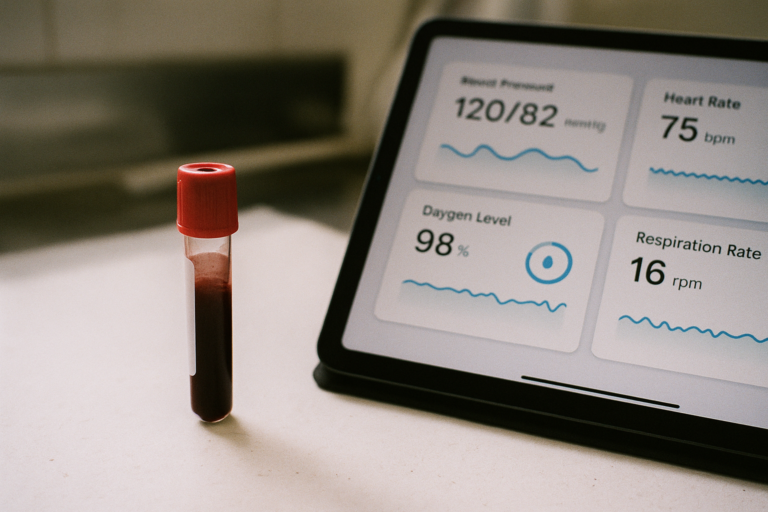 Hormoonbalans test met bloedbuisje en digitaal gezondheidsoverzicht op tablet