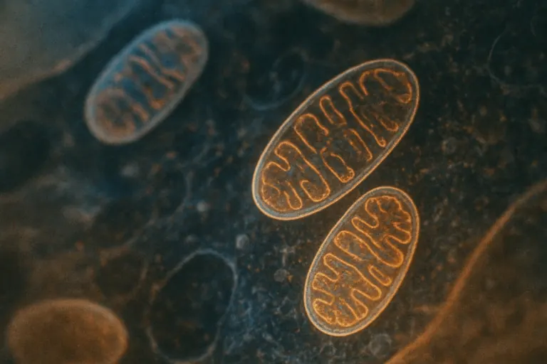 Illustratie van mitochondriën in een menselijke cel, symbool voor NAD+ en NMN-suppletie