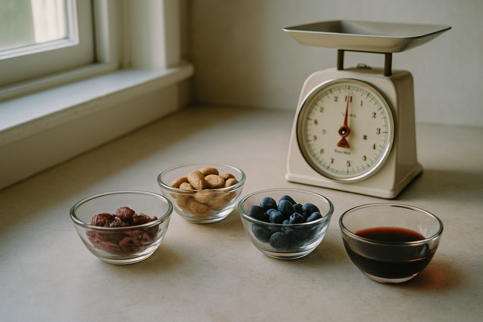 Kleine porties voeding op keukenweegschaal die de hoeveelheid resveratrol per voedingsbron illustreren