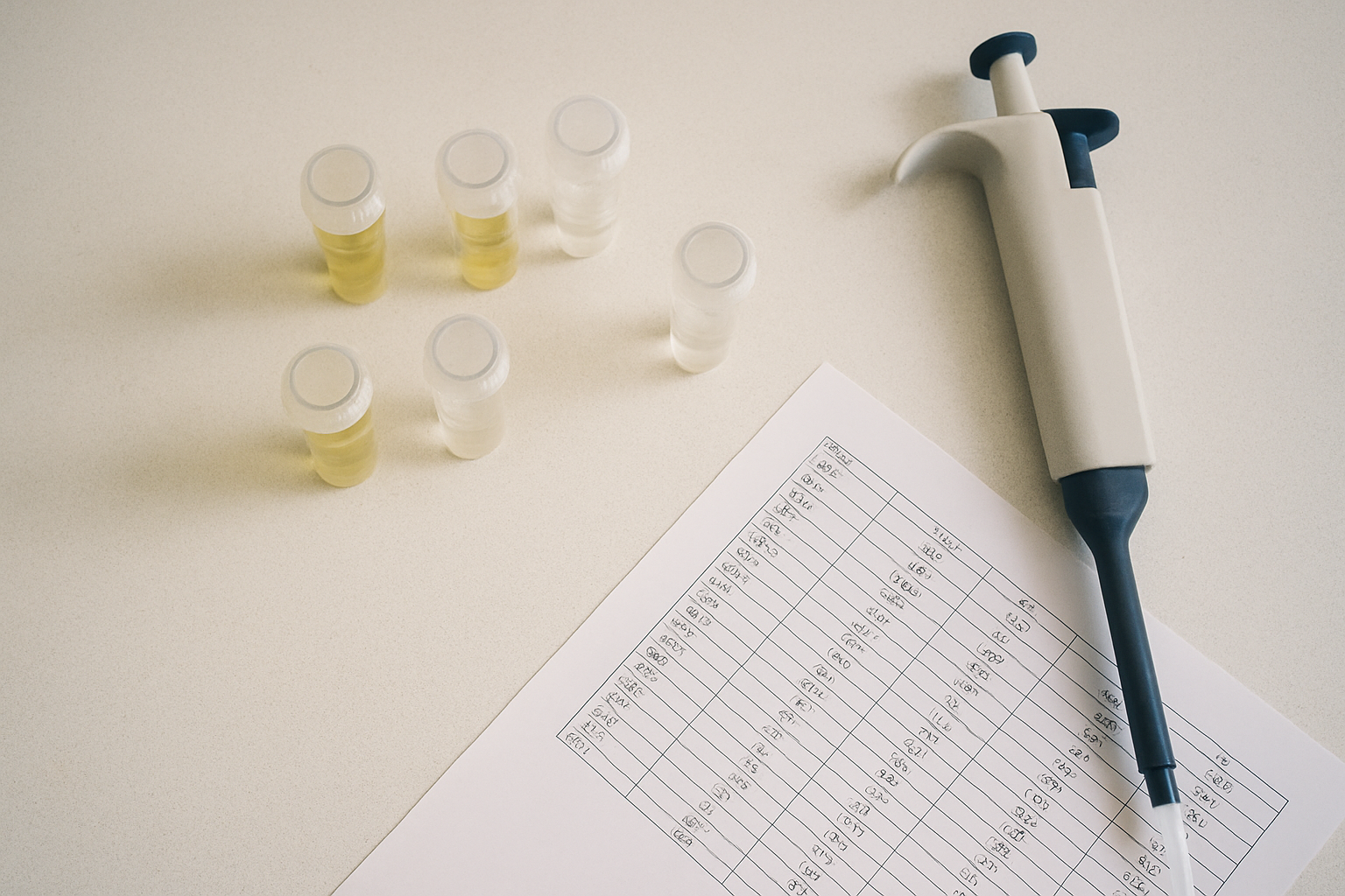 Laboratoriumbuisjes voor een NAD test gerangschikt naast een uitdraai van testresultaten