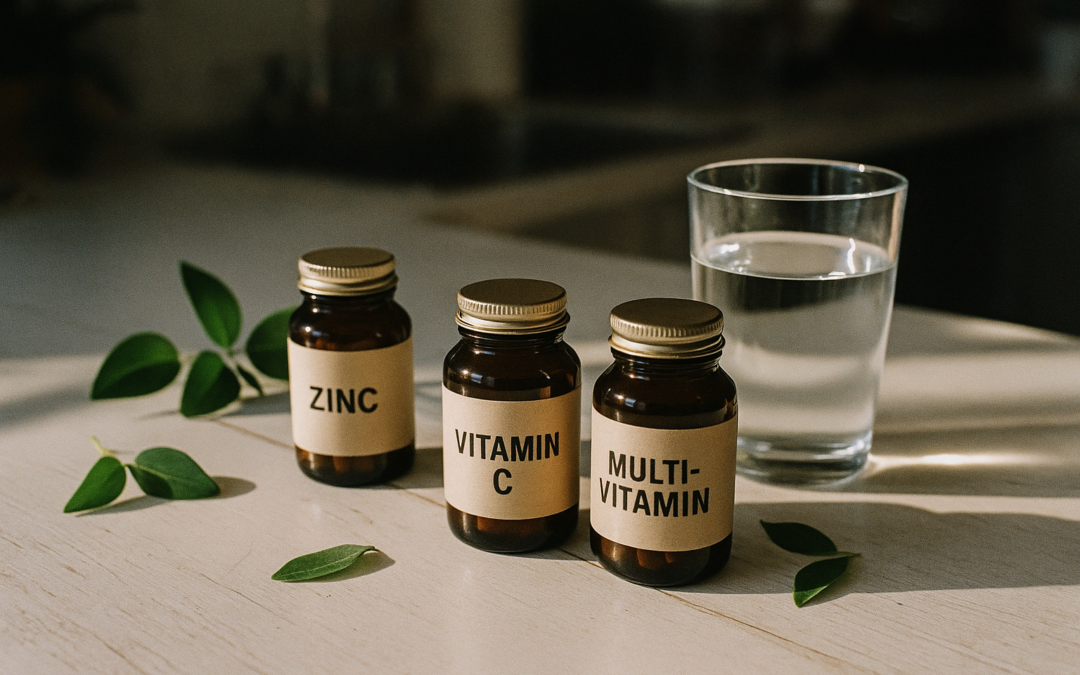 Longevity stack voor beginners met NMN, resveratrol en TMG supplementen op een witte ondergrond