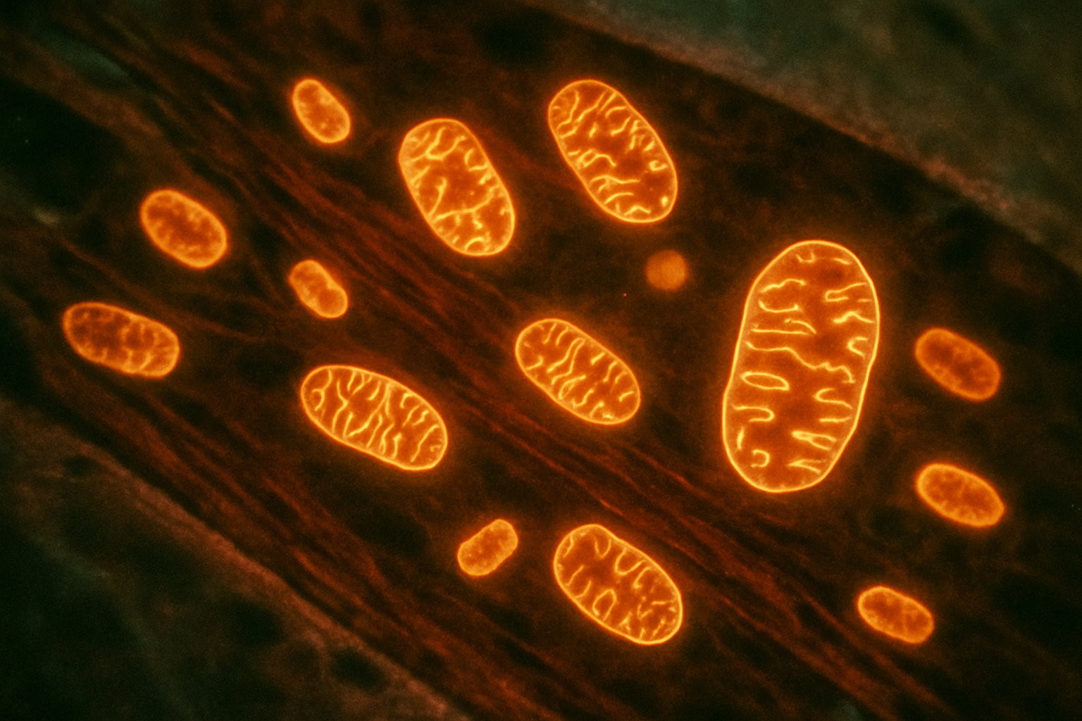 Mitochondriën in spiercellen die NAD+ en sirtuine-activiteit visualiseren bij veroudering
