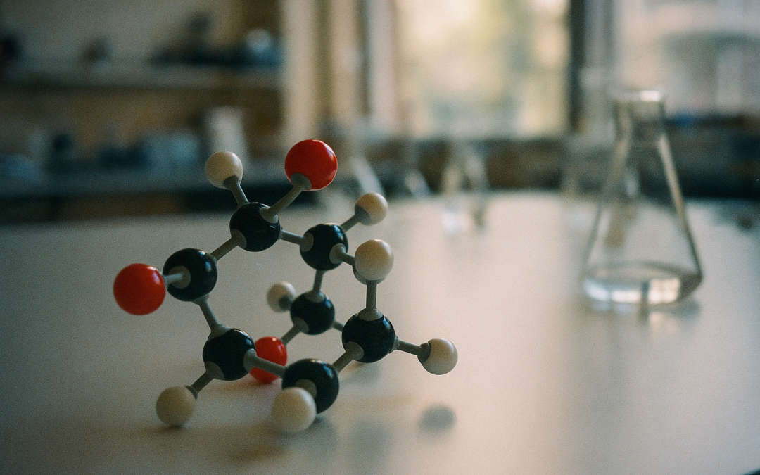 Moleculair model op laboratoriumtafel ter illustratie van homocysteïne verlaging met TMG