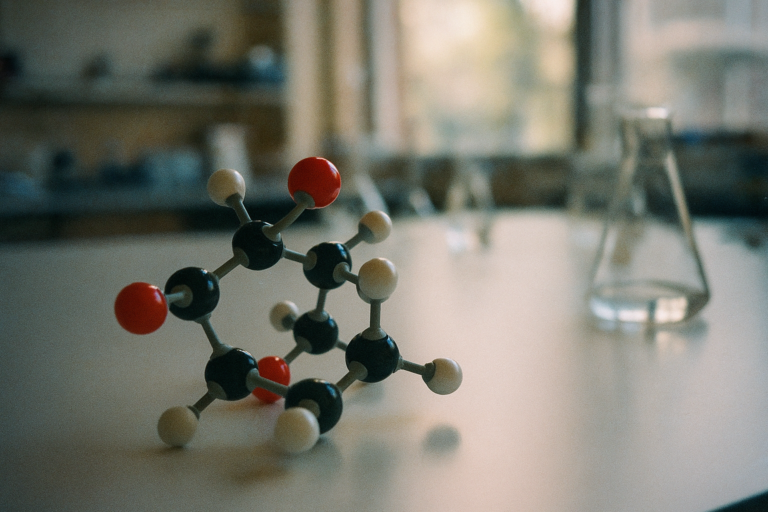 Moleculair model op laboratoriumtafel ter illustratie van homocysteïne verlaging met TMG