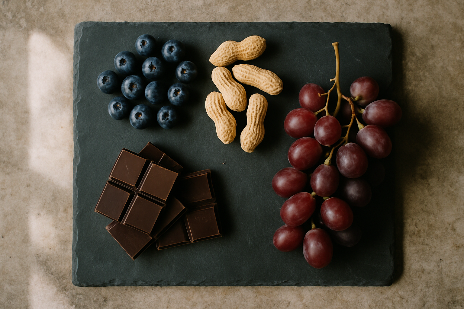Natuurlijke voedingsbronnen van resveratrol: bosbessen, pinda's, pure chocolade en rode druiven