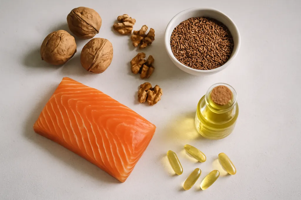 Omega-3 rijke voeding zoals zalm, walnoten en lijnzaad als voorbeeld bij omega-3 tekort herkennen