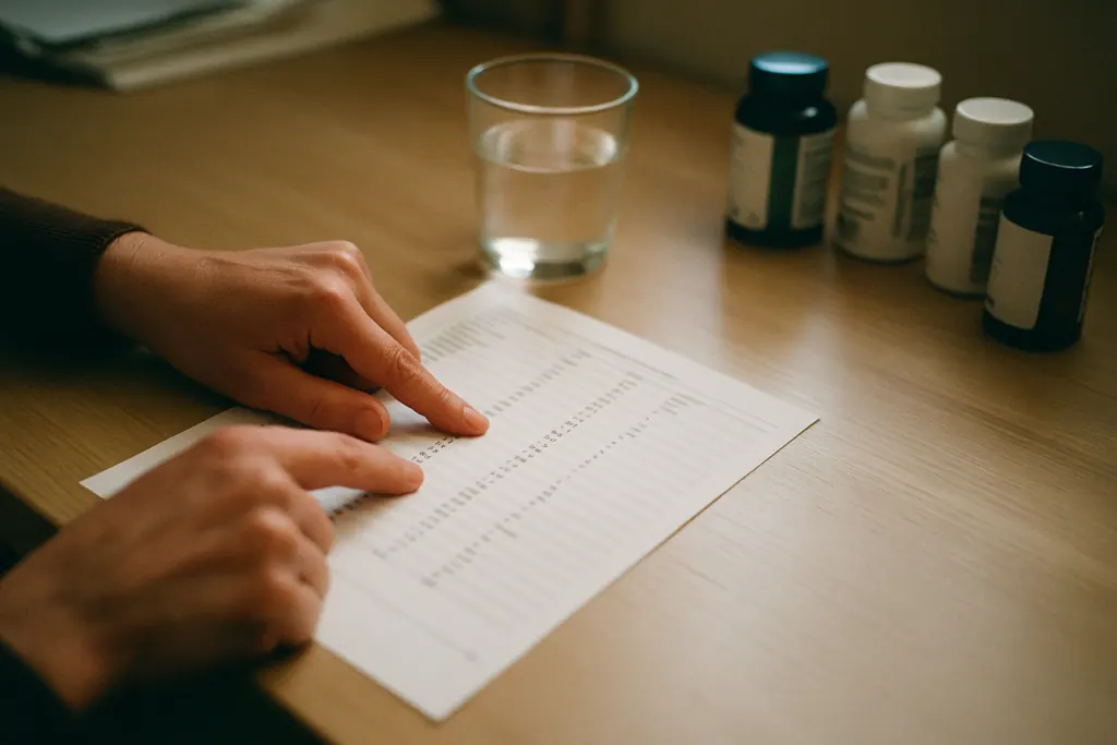 Persoon bekijkt bloedtestresultaten om supplementkeuze te onderbouwen