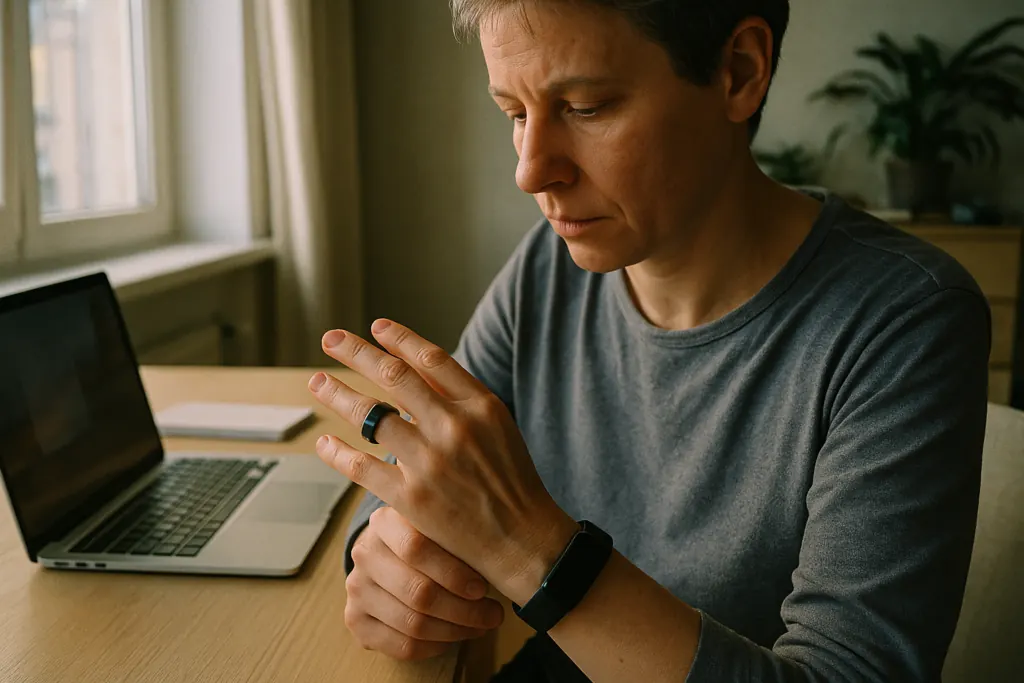 Persoon bekijkt gezondheid wearables voor longevity aan pols en vinger bij ochtendlicht