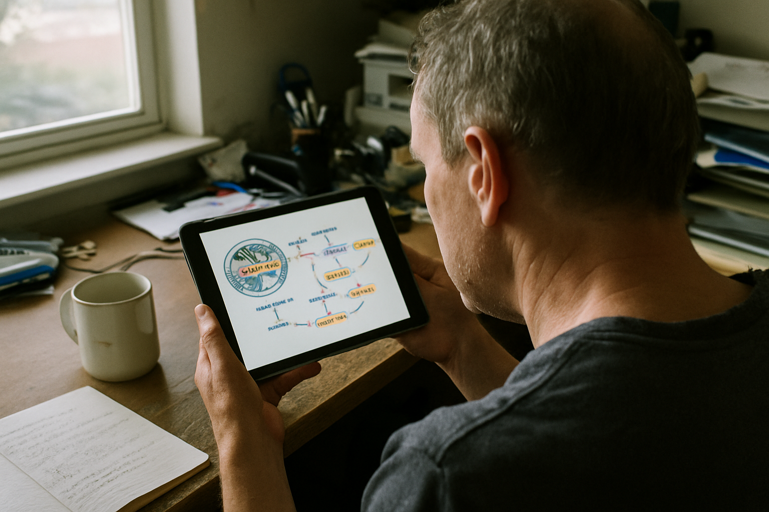 Persoon bestudeert informatie over NMN en celenergie op tablet aan een rommelig bureau