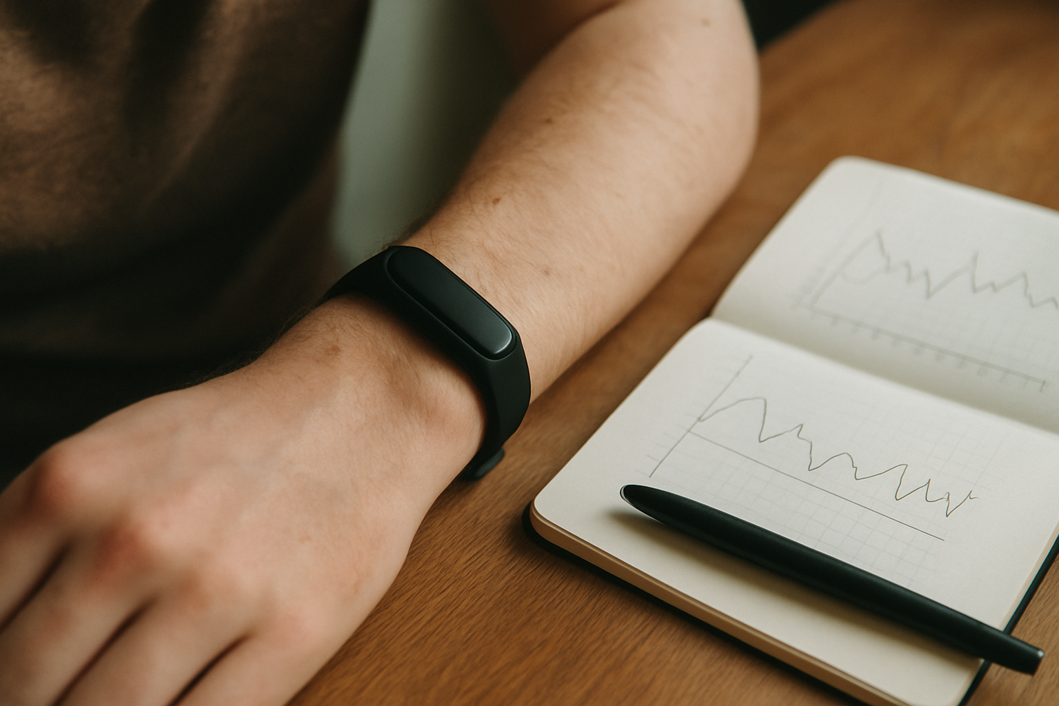 Pols met fitnesstracker naast notitieboek met datametingen voor wetenschappelijke validatie
