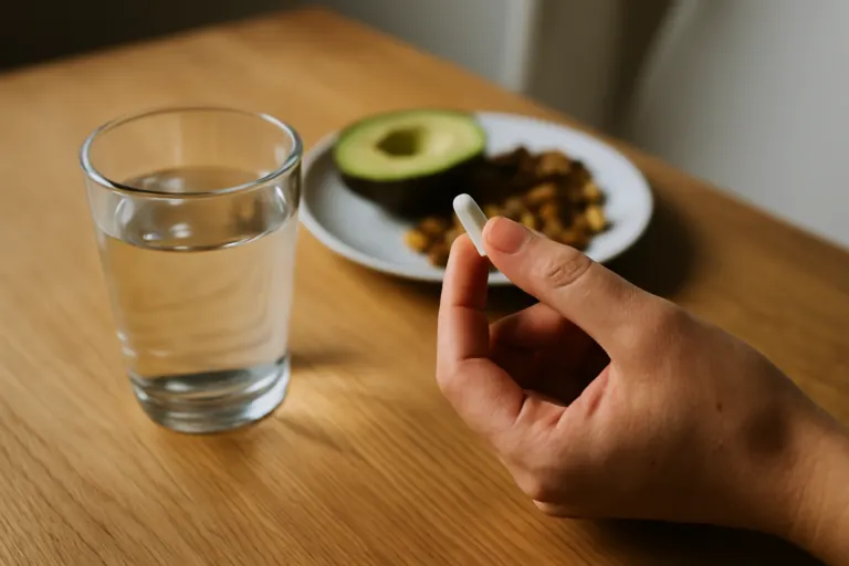 Resveratrol capsule naast een glas water en vetrijke voeding voor optimale opname