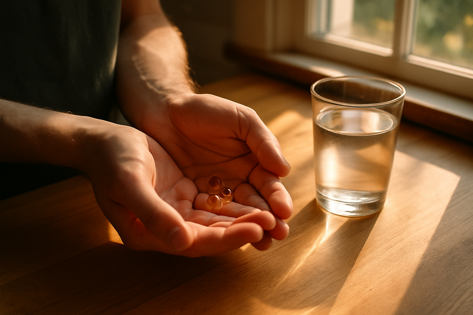 Resveratrol supplementen in de vorm van capsules op een houten aanrecht in ochtendlicht
