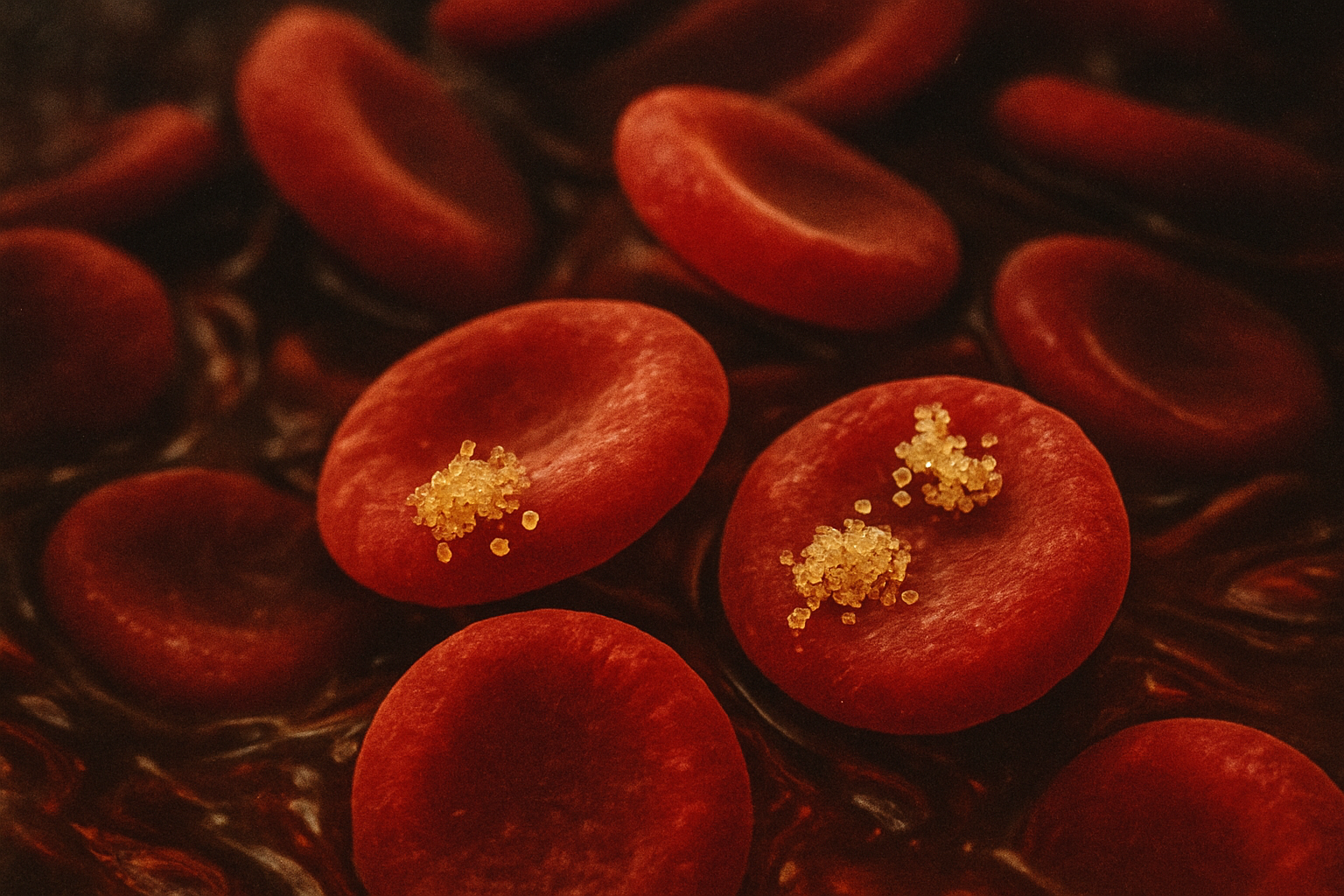 Rode bloedcellen waaraan glucosemoleculen hechten als visualisatie van HbA1c en glycatie