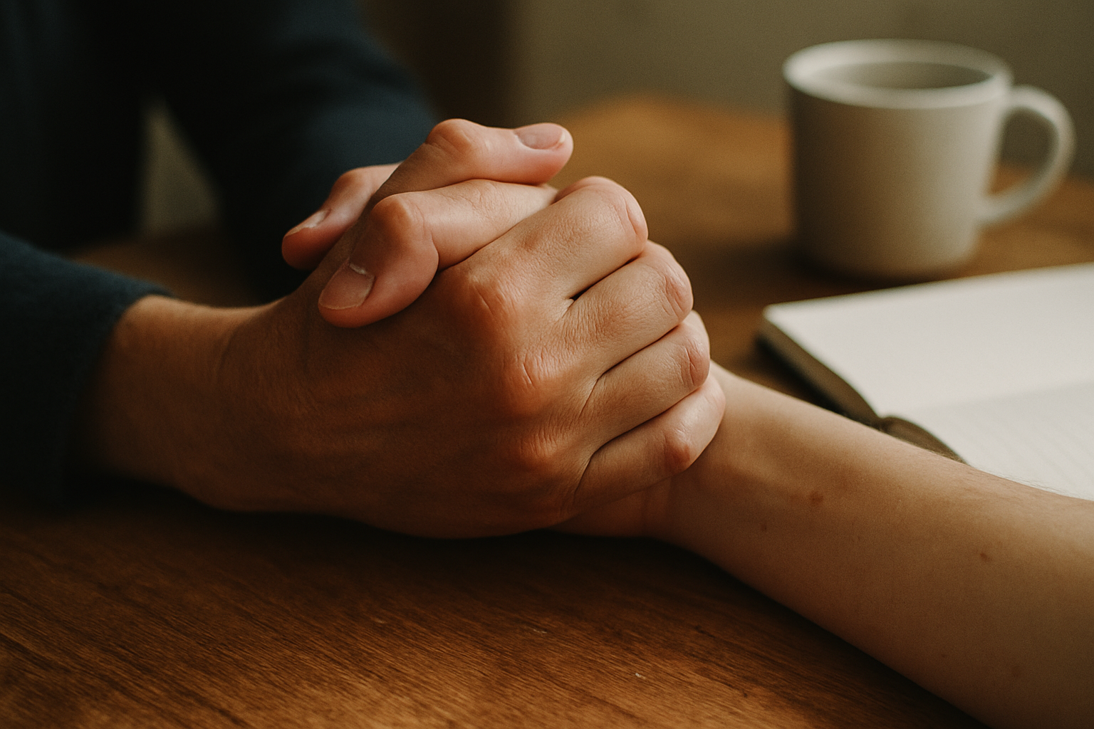 Samengeknepen handen op een bureau symboliseren de lichamelijke reactie op stress