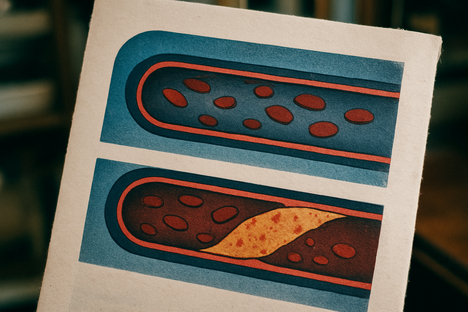 Schematische weergave van gezonde en gedeeltelijk geblokkeerde slagaders bij verhoogd LDL cholesterol
