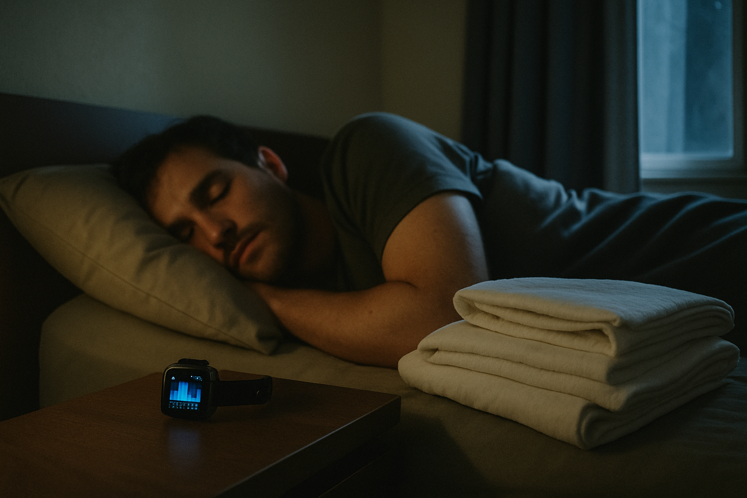 Slaapkamer 's nachts met smartwatch die HRV tijdens de slaap registreert op het nachtkastje