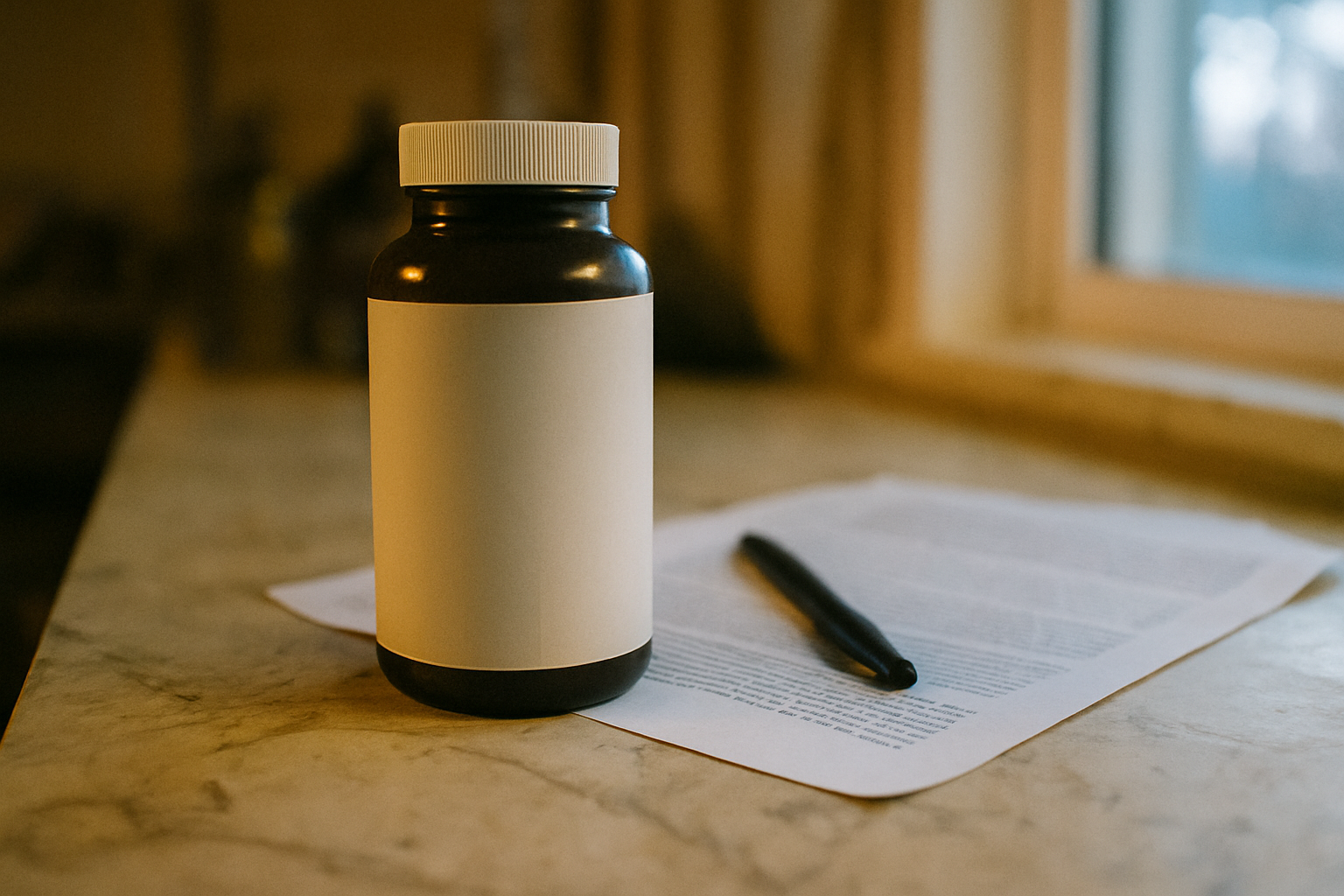 Supplement fles naast officieel document, verwijzend naar FDA-goedkeuring van NMN als voedingssupplement