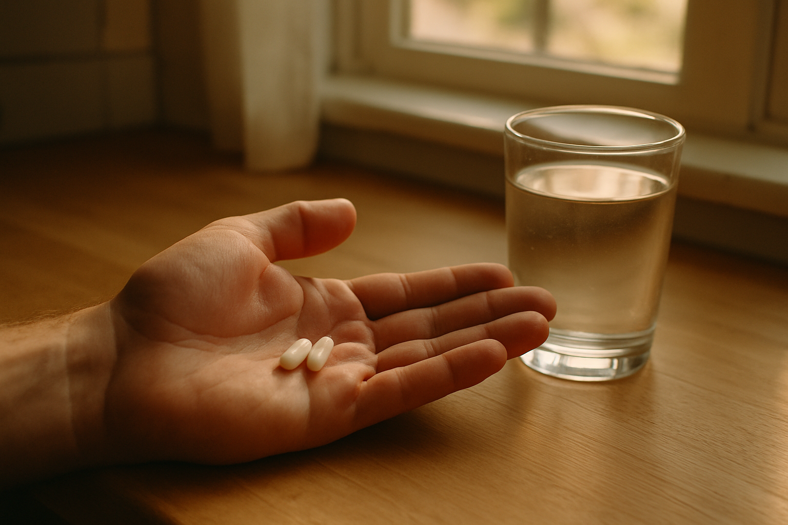 Supplementen in hand als optie om het NAD niveau te verhogen, ochtendlicht in keuken
