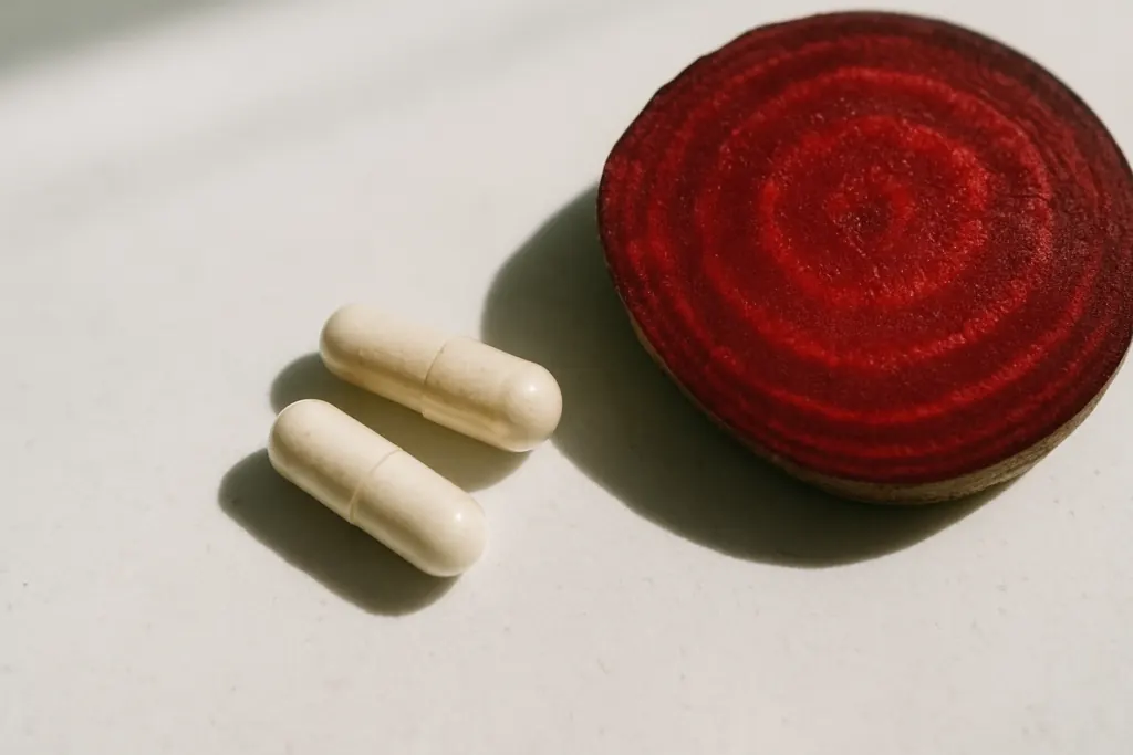 TMG supplement capsules naast rode biet, twee methyldonoren voor gebruik bij NMN