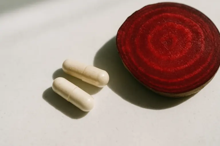 TMG supplement capsules naast rode biet, twee methyldonoren voor gebruik bij NMN