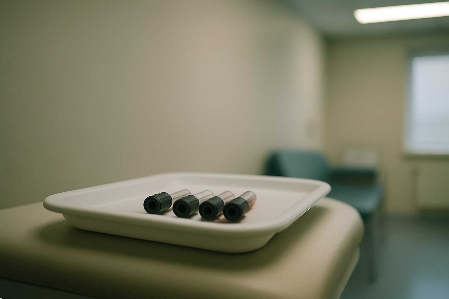 Vier buisjes afgenomen bloed op medisch dienblad voor biologische leeftijdstest in het Diakonessenhuis Zeist