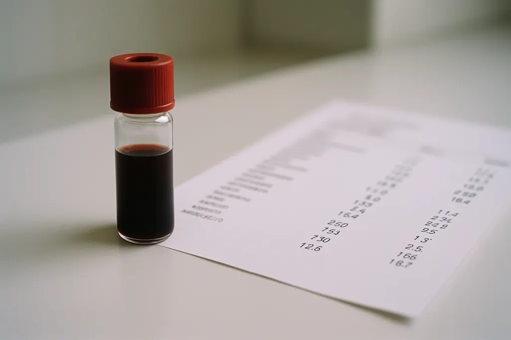 Vitamine D bloedtest buisje op laboratoriumondergrond met testresultaten