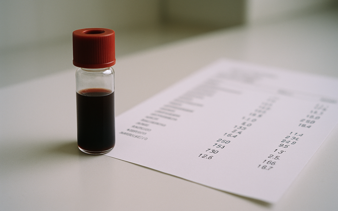 Vitamine D bloedtest buisje op laboratoriumondergrond met testresultaten