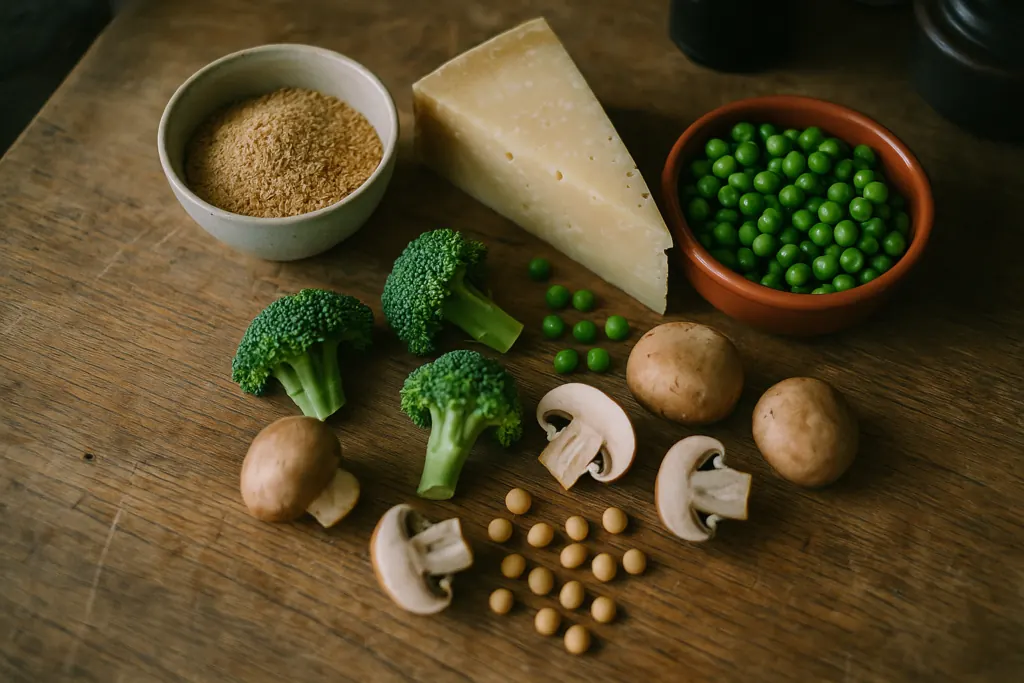 Voedingsmiddelen met veel spermidine zoals tarwekiemen, gerijpte kaas, broccoli en paddenstoelen op een houten ondergrond