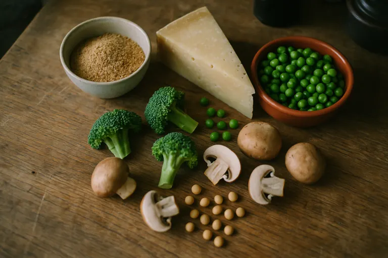 Voedingsmiddelen met veel spermidine zoals tarwekiemen, gerijpte kaas, broccoli en paddenstoelen op een houten ondergrond